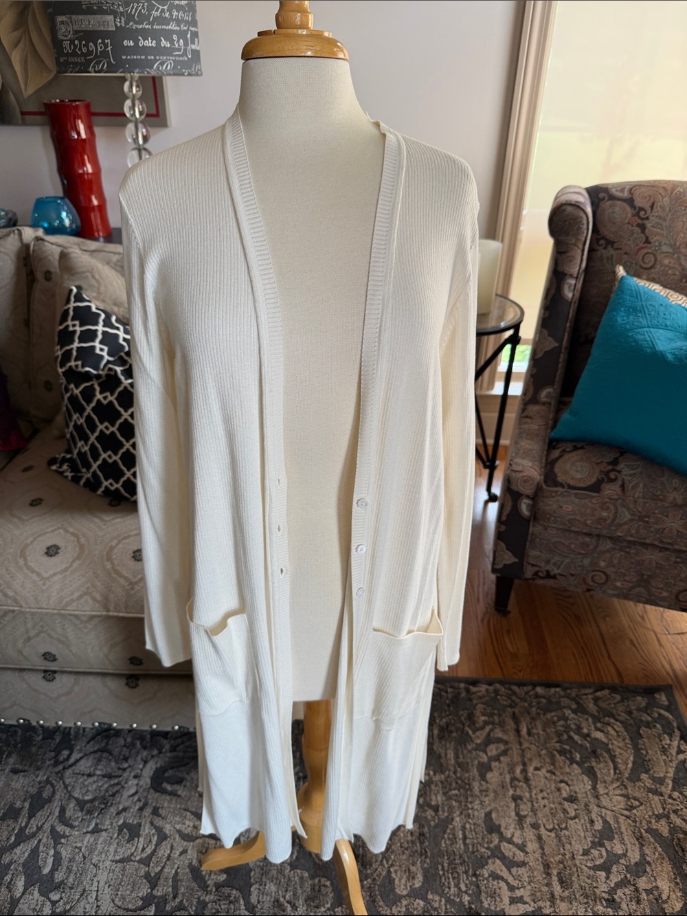 J. Jill Long Open-Front Cream Ribbed Cardigan